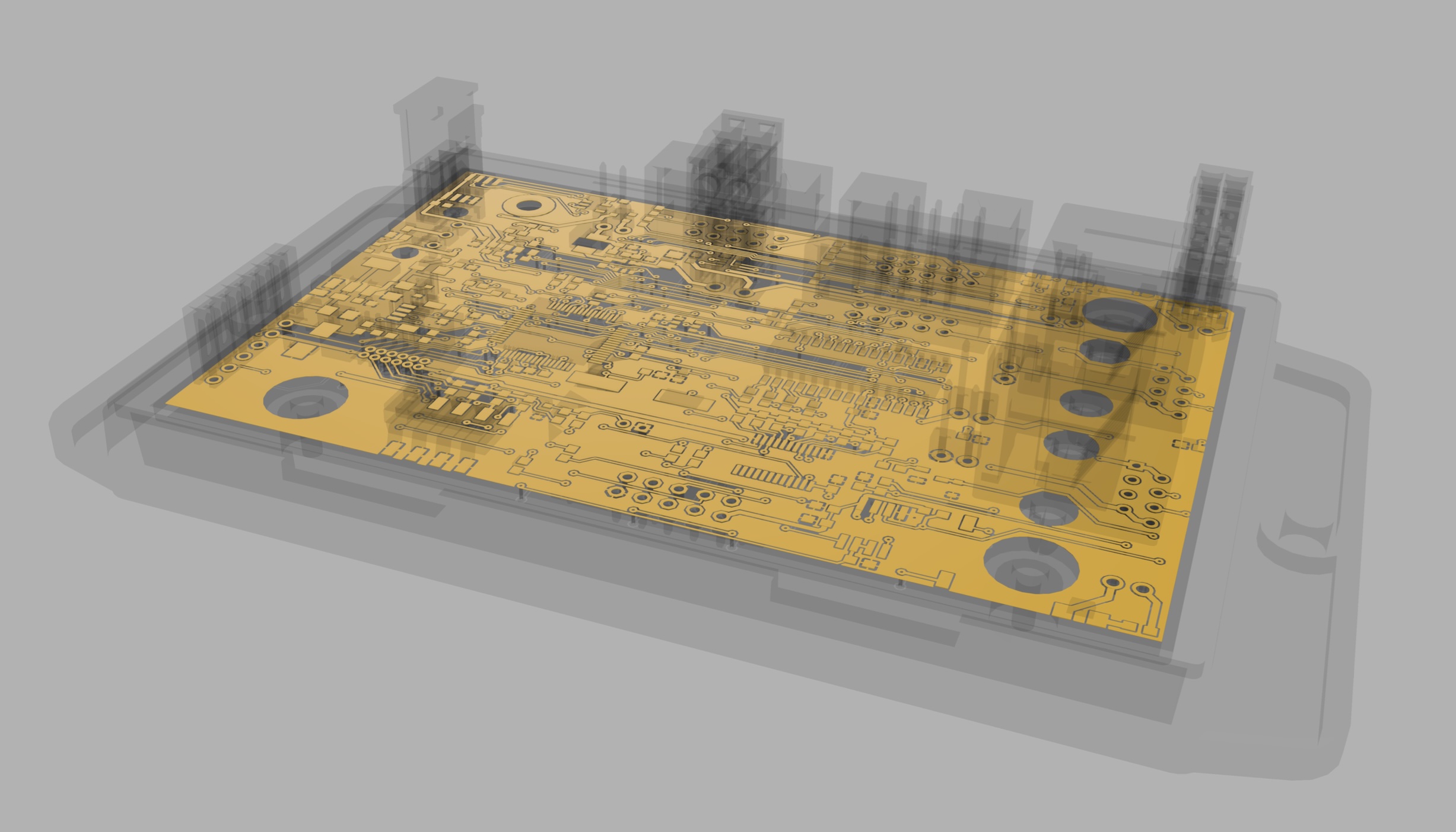X-ray style render of a multilayer PCB inside its enclosure