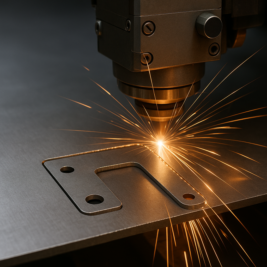 Laser cutter machining holes and profile into a sheet-metal bracket, throwing sparks